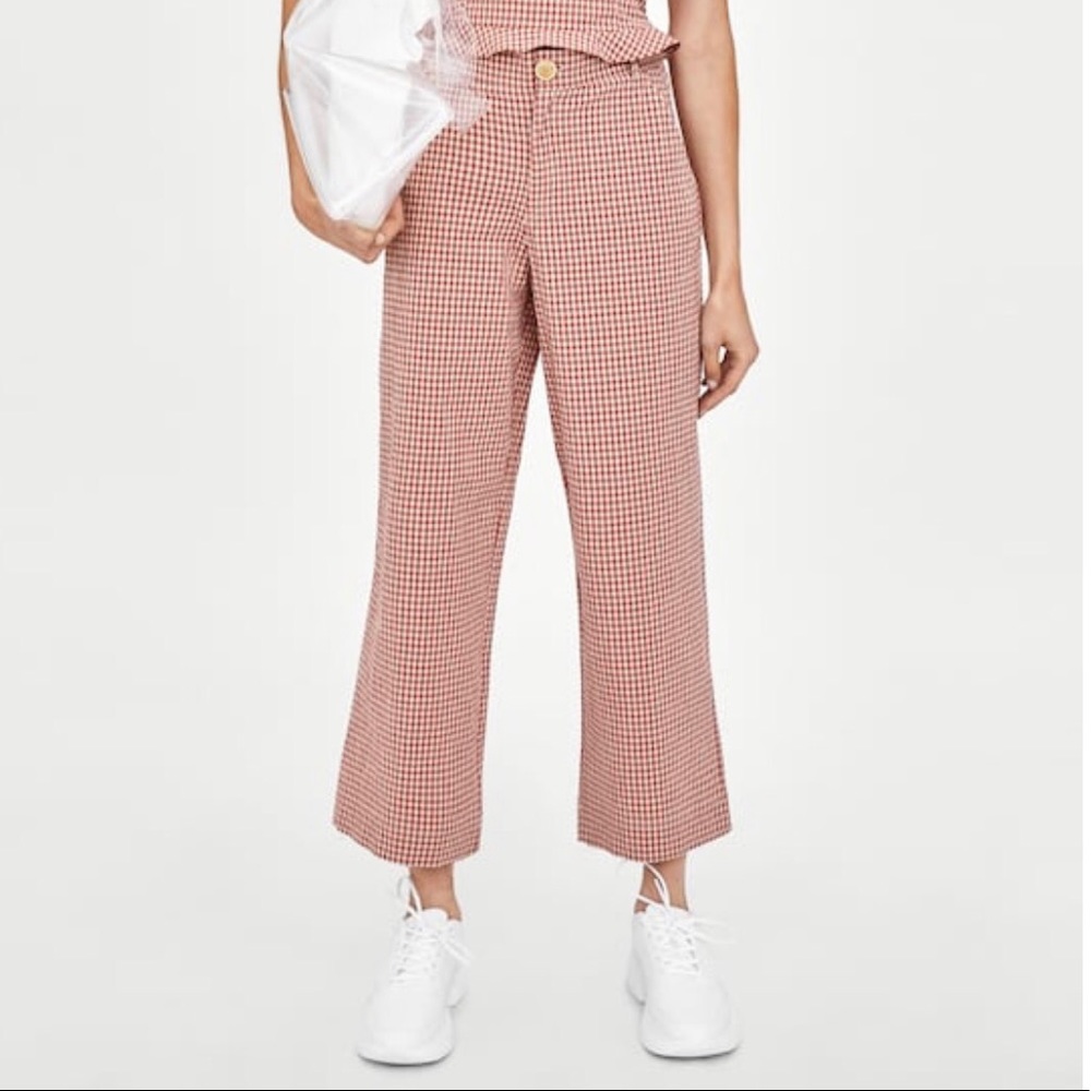 Zara Light Red Gingham Cropped Wide-Leg Pants